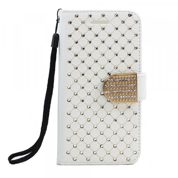 Wholesale Samsung Galaxy S6 Star Diamond Flip Leather Wallet Case with Strap (White)